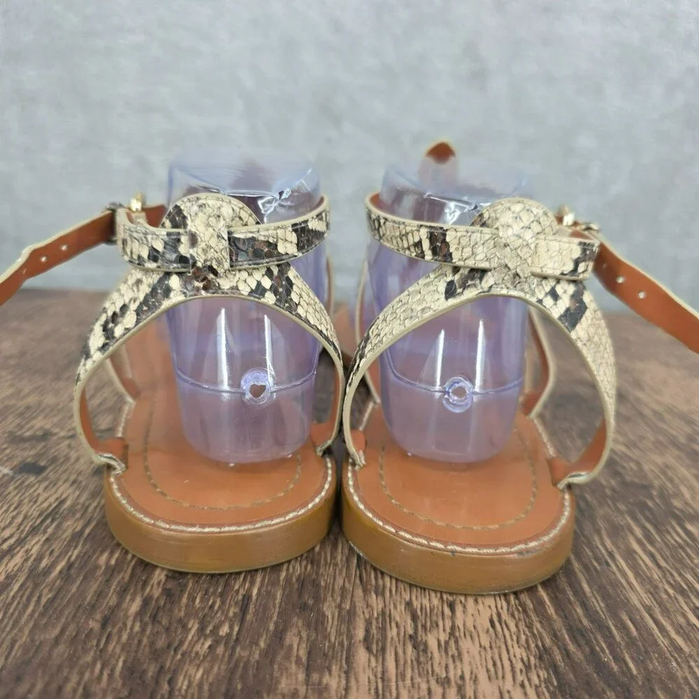 Coach Lydia T Strap Sandals 11 Snake Print Ankle Buckle Logo Strappy Flat Beachy
